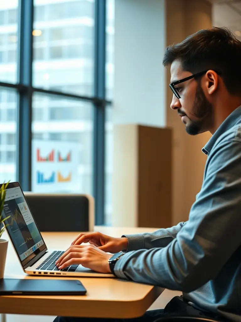 A student analyzing social media analytics on a laptop, with a focus on data-driven strategies for social media management at American College.